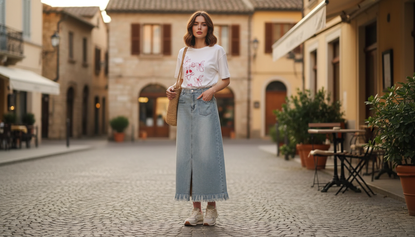 Distressed Denim Skirt: Frayed Hem, Slit & Straight Fit