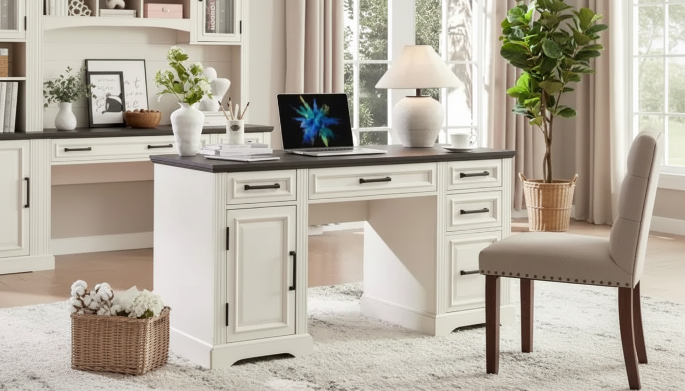 Farmhouse Executive Desk: Drawers + Cabinet Storage