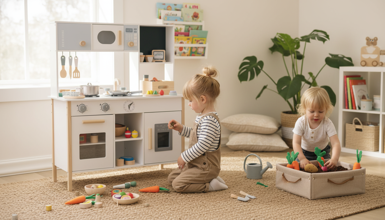 Wood Play Kitchen + Toy Meals & Garden Field Set