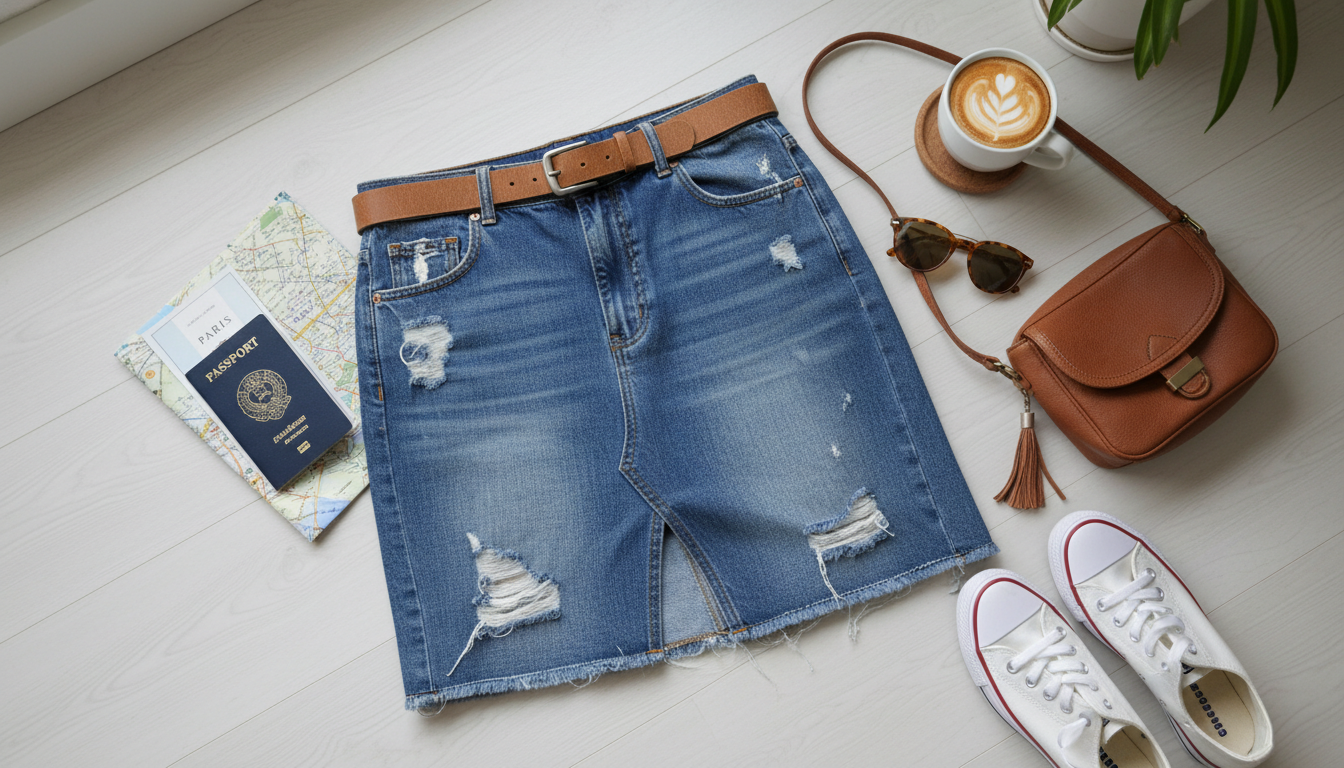 Distressed Denim Skirt Fit: Waist, Hips & Front Slit