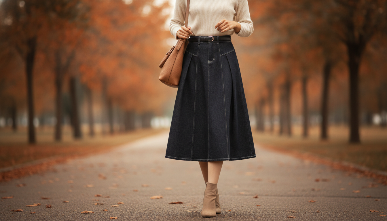 High-Waist Dark Denim A-Line Midi Skirt: Fit & Style
