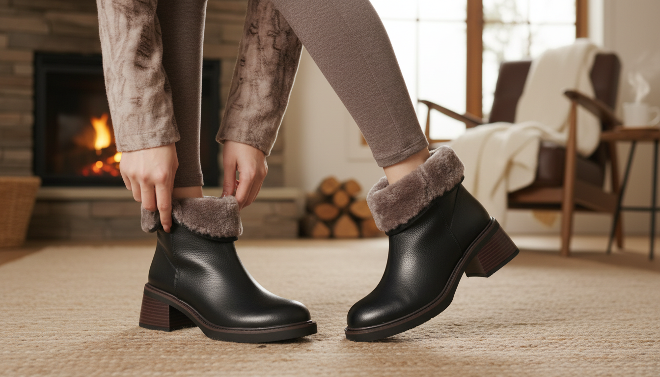 Wool-Lined Leather Ankle Boots: Round Toe, High Heel Zip